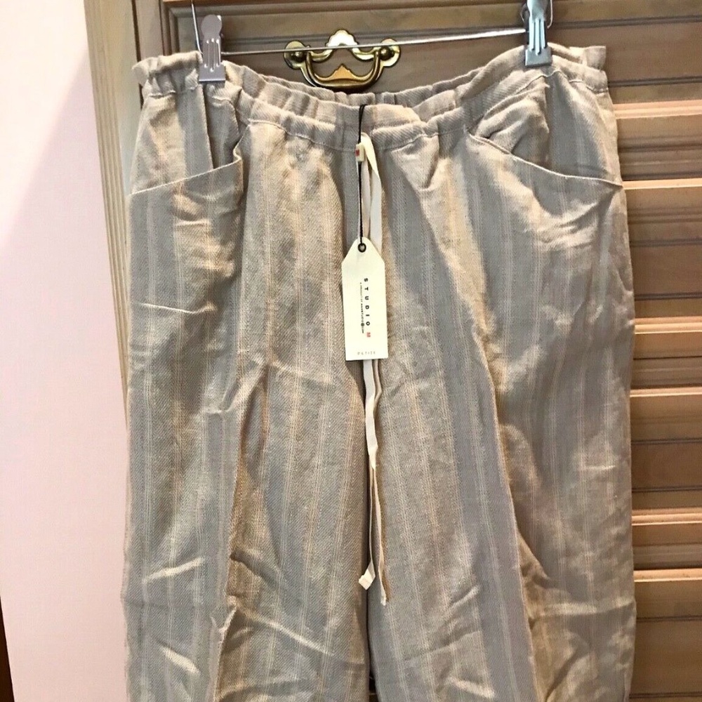 NWT New Studio M Petite Khaki Stripe Drawstring Shorts Size Large LP MSRP $79
